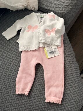 Little Me White & Pink Baby Knit Set with Bow Accents 3 months